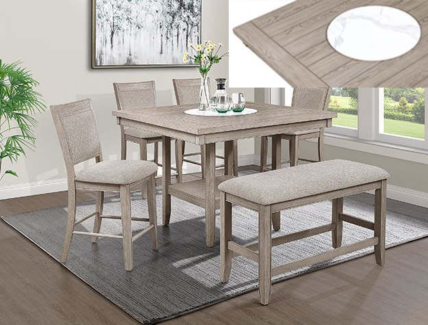 Fulton Counter Height 6PC Dining Set — White Oak with Marble Lazy Susan