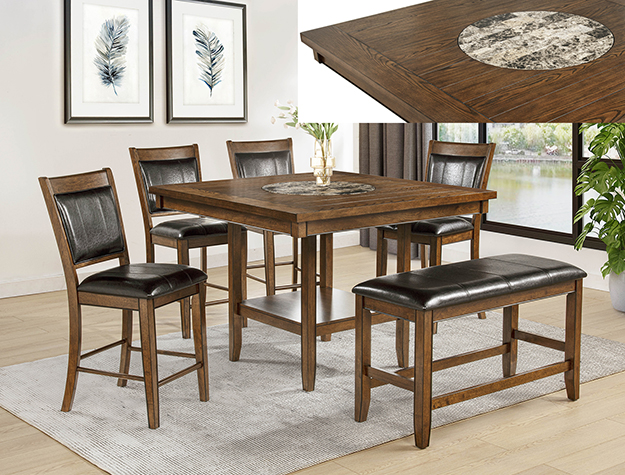 Fulton Counter Height 6PC Dining Set — Vintage Walnut with Marble Inlay